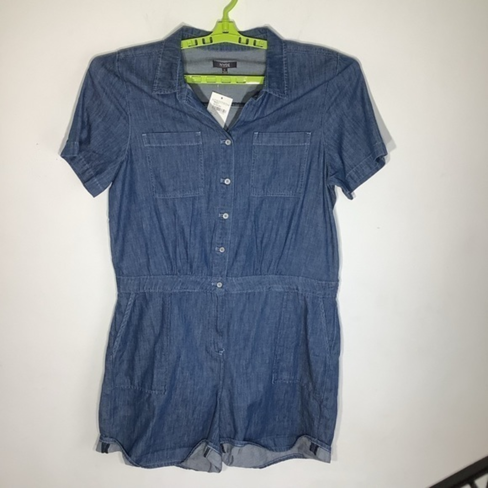 NYDJ Womens Short Sleeve Denim Romper Shorts Sz‎ Large NWT.